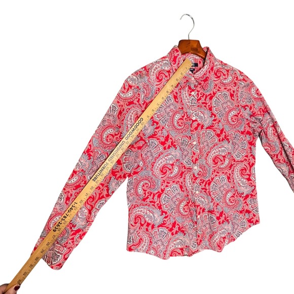 Chaps Womens Large Red Paisley No Iron Button Down Long Sleeve Shirt Cotton EUC - Picture 6 of 10